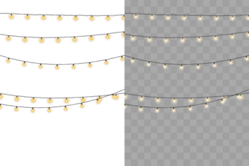 Twinkling fairy lights glow in soft amber. Golden garland loops around festive corner. Warm bulbs dangle on celebration wire. Holiday sparkle brightens the dark scene.