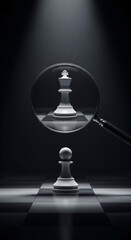 Chess pawn magnified into king on checkered board with spotlight