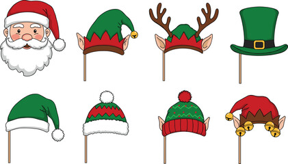 Christmas Photo Booth Props Featuring Santa, Elves, Reindeer Antlers, and Festive Hats for Holiday Celebrations and Fun