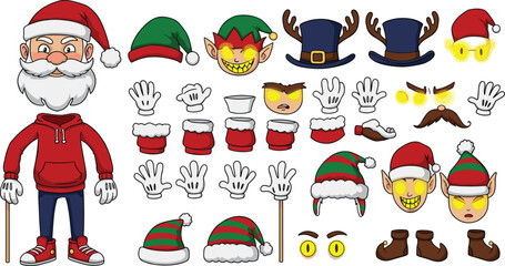 Christmas Santa Claus and Elf Character Creator Kit, Featuring Various Hats, Faces, and Accessories for Festive Designs