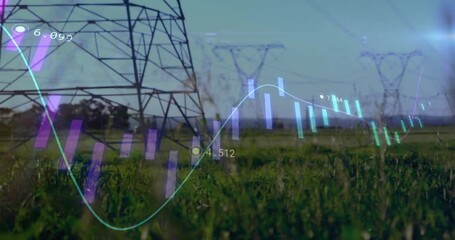 Digital chart fading in, bars undulating scene pulling back revealing towers showing power trends - Powered by Adobe