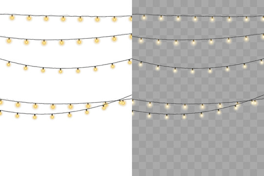 Twinkling fairy lights glow in soft amber. Golden garland loops around festive corner. Warm bulbs dangle on celebration wire. Holiday sparkle brightens the dark scene.