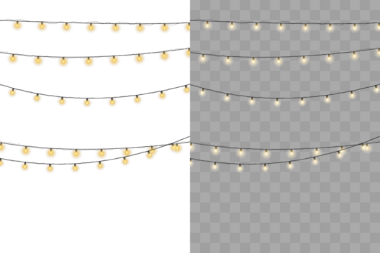 Twinkling fairy lights glow in soft amber. Golden garland loops around festive corner. Warm bulbs dangle on celebration wire. Holiday sparkle brightens the dark scene.