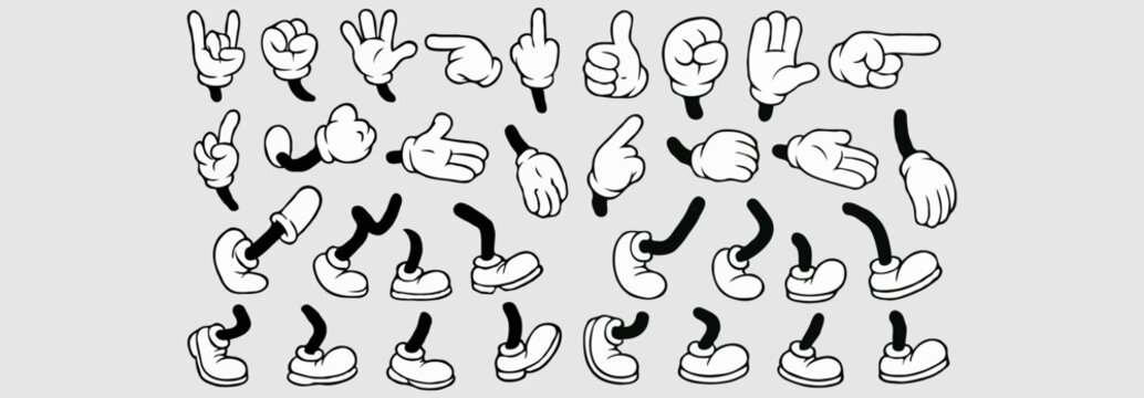 Retro cartoon legs and hands, Hands with gloves and feet with boots, various poses for characters, a set of poses, gestures, placement of hands and feet. Mascot character set. Cartoon set of limbs.eps
