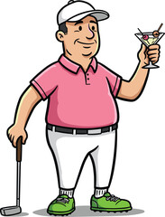 Relaxed Golfer Celebrating with a Cocktail, Cartoon Illustration of Leisure and Enjoyment After a Game