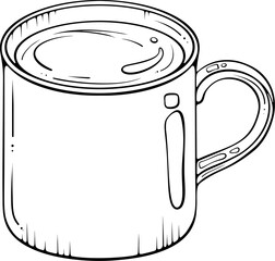 Hot drink in a handled ceramic or metal cup. Cozy tea or coffee moment. Vector illustration in hand drawn sketch style. Line art isolated on white for coloring book, print