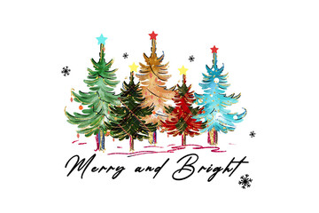 Merry and bright christmas trees isolated on transparent background