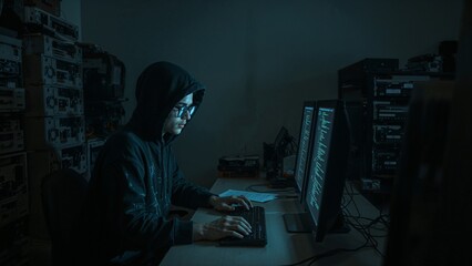 Computer hacker is working with code, hacking cyber security background