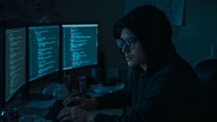 Computer hacker is working with code, hacking cyber security background