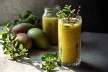 Fototapeta premium Aam Panna in Glass with Mint and Ice for Summer Editorial Features