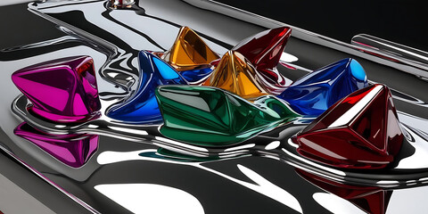 Colorful Geometric Shapes on Shiny Metallic Surface with Light Reflections

