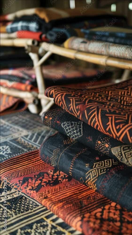 Poster a pile of colorful rugs with a variety of patterns and designs. the rugs are stacked on top of each 