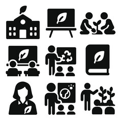 Sustainability Education Icons. Solid style icons of sustainability education: school with leaf, eco chalkboard, kids planting,