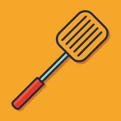 Stylized spatula kitchen utensil with a red handle on an orange background
