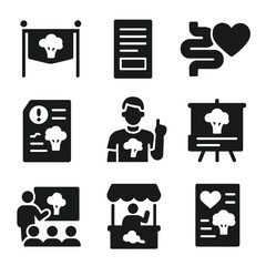 Fiber Awareness Icons. Solid style icons of fiber awareness campaign: “Eat more fiber” banner, nutrition table, heart and gut icon