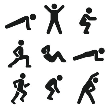 Fitness Exercise Silhouettes. Solid style icons of fitness exercises silhouette: push-up pose, jumping jack, squat position,
