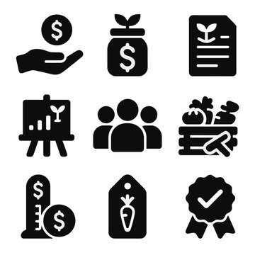 CSA Fundraising Icons. Solid style icons of CSA fundraising and support: donation icon, farm fund jar, grant form, campaign board,