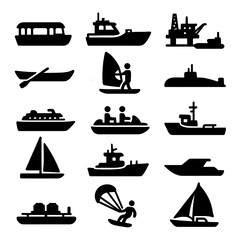Watercraft Silhouette Icons. Solid style icons of watercraft silhouette: covered river ferry, bay patrol boat, oil platform supply