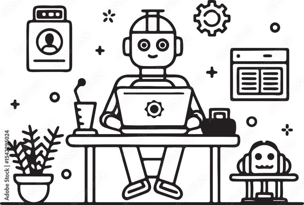Poster robot using laptop computer illustration