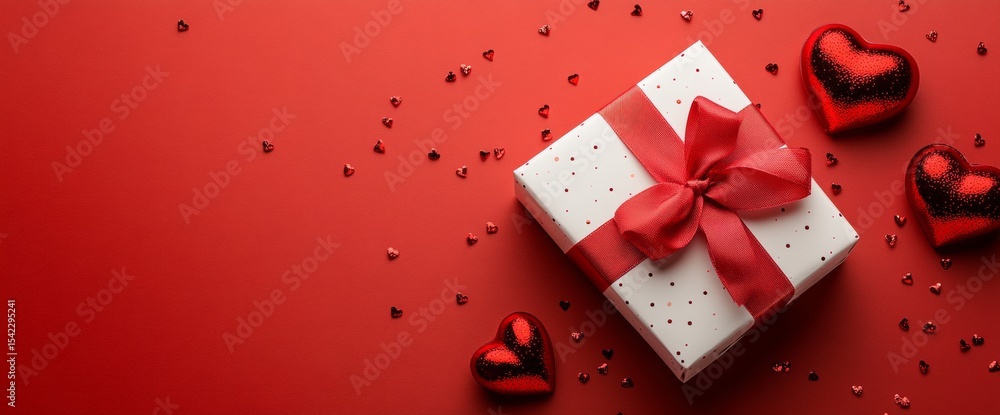 Poster an elegant gift box adorned with a red ribbon and heart-shaped chocolates on a vibrant red backgroun