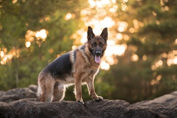 German Shepherd in the forest and playing in the water