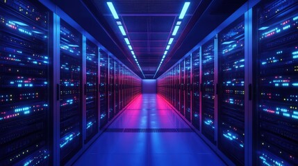Fototapeta premium Data center with servers illuminated by blue and pink lights