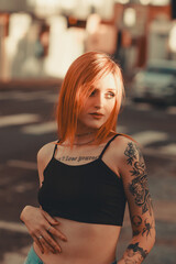 woman red hair in the street