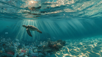A powerful visual highlighting marine pollution, featuring a sea turtle beneath a surface littered with plastic waste — raising awareness about ocean conservation and environmental damage.