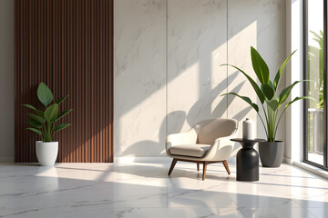 Modern Minimalist Interior Design: Sunlit Room with Plants, Marble Floor, and Wooden Accents