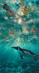 A powerful visual highlighting marine pollution, featuring a penguin beneath a surface littered with plastic waste — raising awareness about ocean conservation and environmental damage.