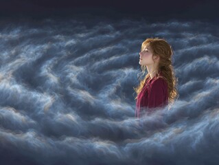 Woman in deep contemplation amidst swirling clouds