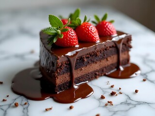 Decadent Slice of Chocolate Layer Cake with Strawberries and Mint on Marble Surface – Top View Food Photography