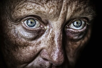 Obraz premium Close Up Portrait Of An Elderly Man With Blue Eyes And Weathered Skin