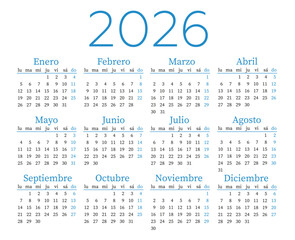 Spanish calendar template for the year 2026. Week starts on Monday.