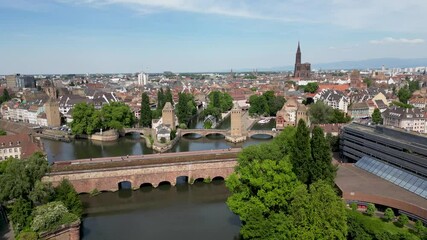 Drone View of Strasbourg, France Notre Dame Cathedral and Charming Half Timbered Houses