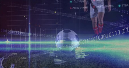 Male footballer reading sports analytics overlays on pitch and analyzing power before kicking ball - Powered by Adobe