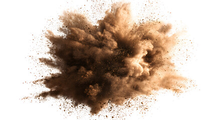 Deep brown powder dust explosion isolated on a white background
