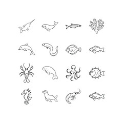 Set of 16 Sea Animal. barracuda, coral, olphin, flounder, grouper, lobster, manatee, narwhal, octopus, whale and More Line Art