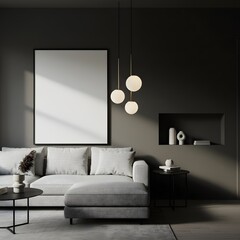 Modern dark living room with gray sectional sofa and mockup poster