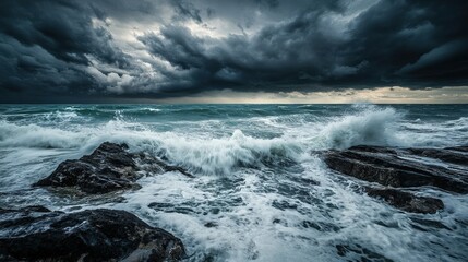 Obraz premium Dramatic storm clouds gathering over a violent ocean landscape