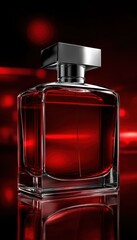 Red perfume bottle on dark background