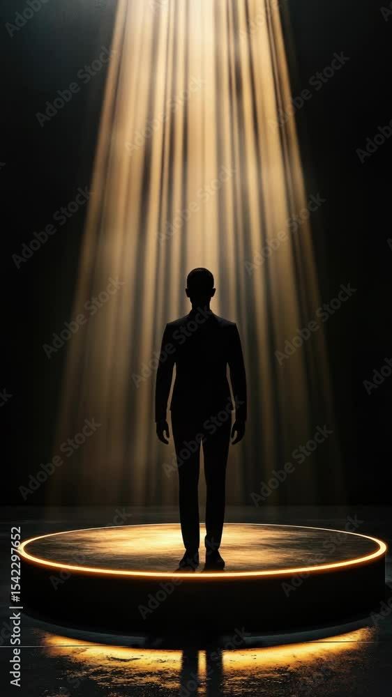 Poster a dramatic scene with a bright light emerging from the stage, ideal for use in presentations or conc