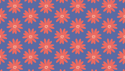 Repeating pattern of stylized red flowers against a vibrant blue background for design