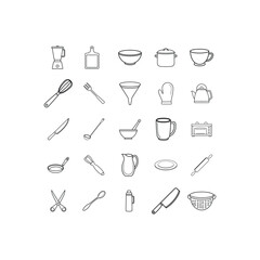 Set of 25 Kitchen Tool Line Art vector.blender, board, bowl, crockpot, cup, egg beater, fork, glove, kettle, knife, ladle, mortar, mug, oven, pan and More Line Art