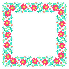 Cute square frame of flowers in folklore style. Bright positive plant ornament. Frame without text. Design element of red blue summer flowers on white background