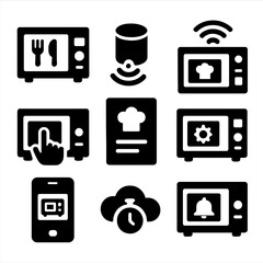 Smart Kitchen Icons. Solid style icons of kitchen connectivity: smart screen, voice control, Wi-Fi sync, touchscreen, recipe mode,