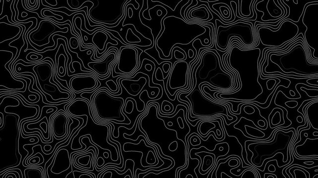 4K animated black topographic map background featuring smooth, flowing contour lines. Topographic map. Abstract animated outline topographic contour map. graphic elements, background patterns