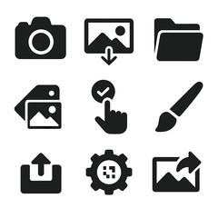 Photography Workflow Icons. Solid style icons of photography workflow: shoot icon, import media, organize folder, tag photos,