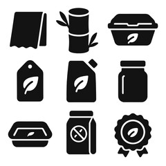 Sustainable Packaging Icons. Solid style icons of sustainable packaging: paper wrap, bamboo container, compostable box, eco label,