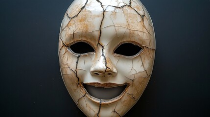 Closeup Of Cracked White Mask With A Smile On Dark Background